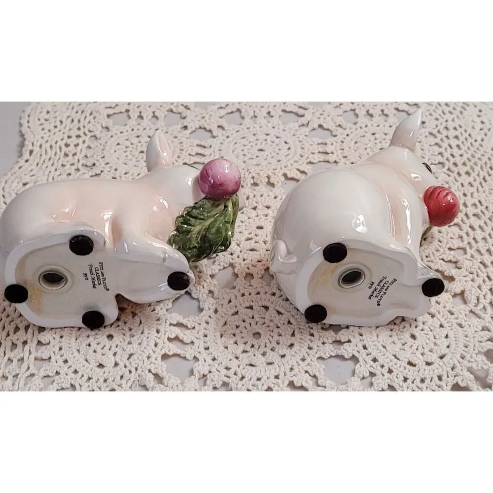 Vtg Fitz And Floyd. Percy The Pig Salt & Pepper Shakers On Lettuce Shaped Plate.